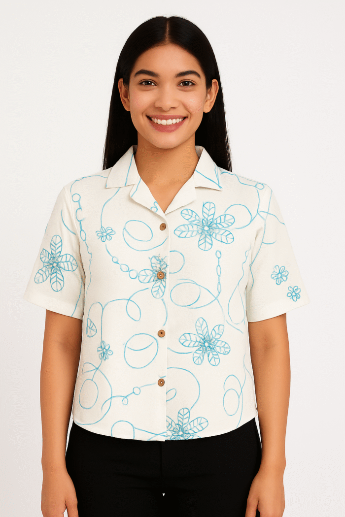 Beige Shirt with Blue Floral Sketch Print